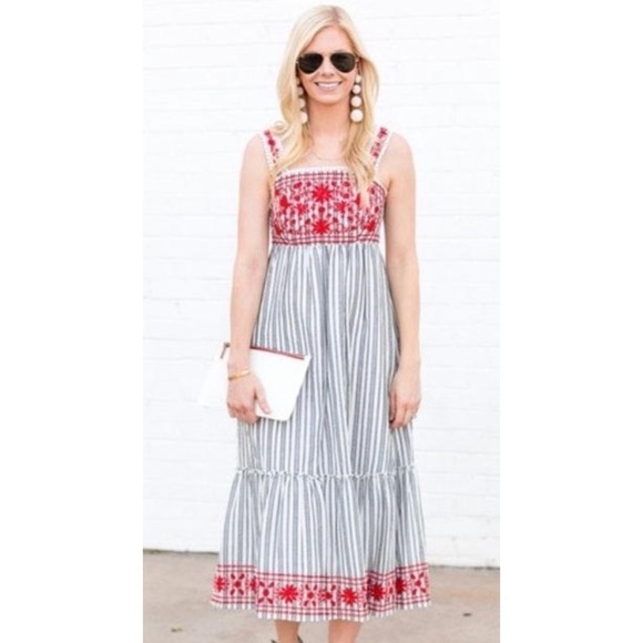 Kate Spade Floral Embroidered Striped Cotton Midi Dress - Picture 2 of 14